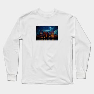 A city at night with a full moon. Long Sleeve T-Shirt